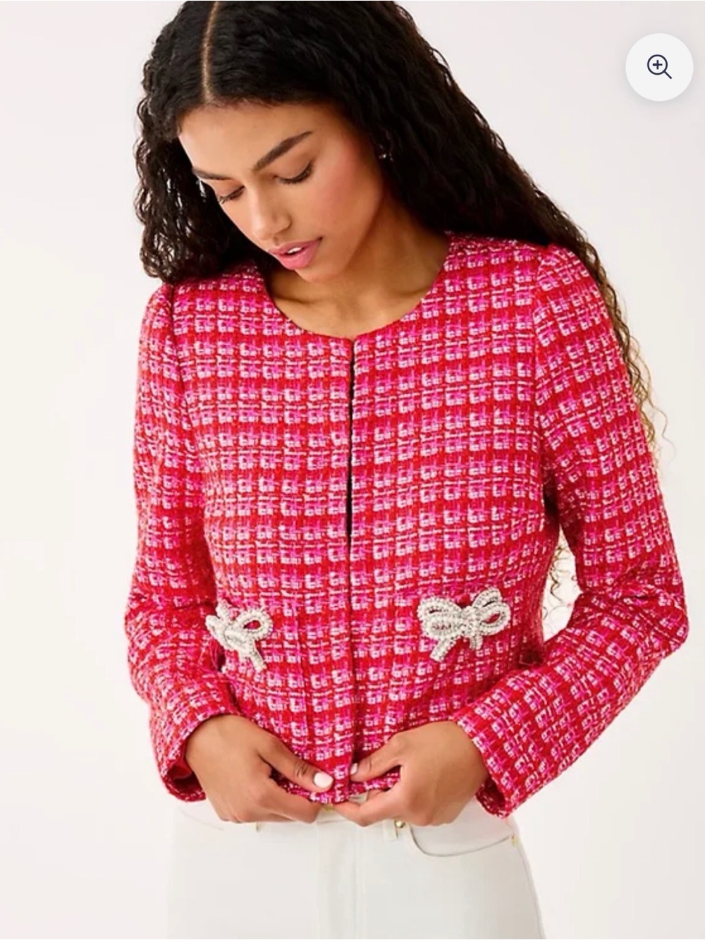 Lilly Pulitzer Red/Pink Tweed Cropped Kimia Jacket with embellished Bow Details